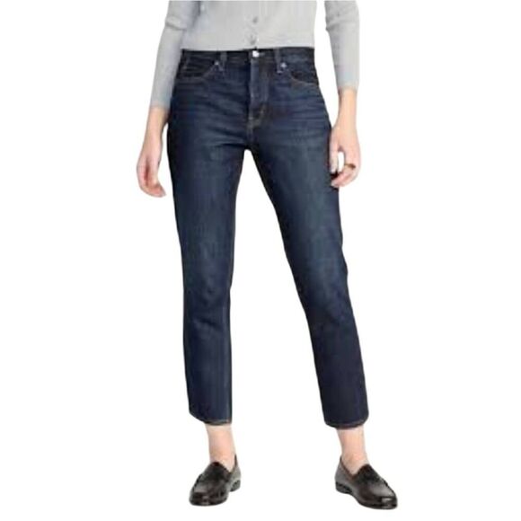 Old Navy Women's Dark Wash High Rise Button Fly Slouchy Straight Cotton Jeans - Picture 1 of 11